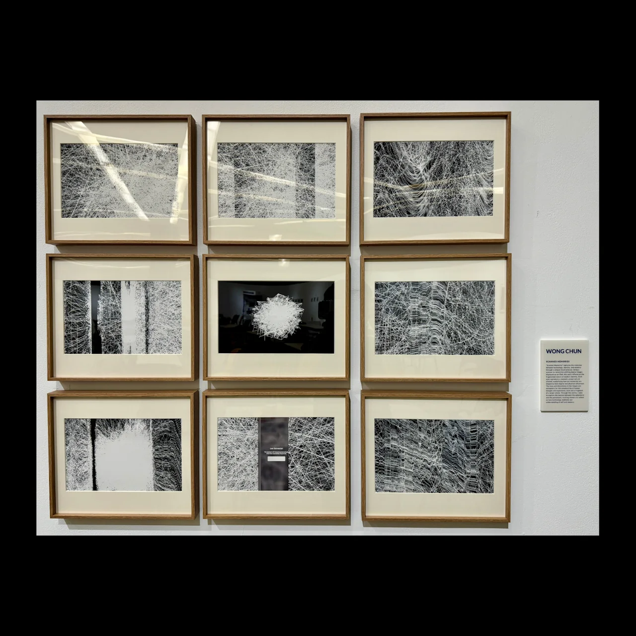 Nine framed monochrome generative images installed in a gallery.
