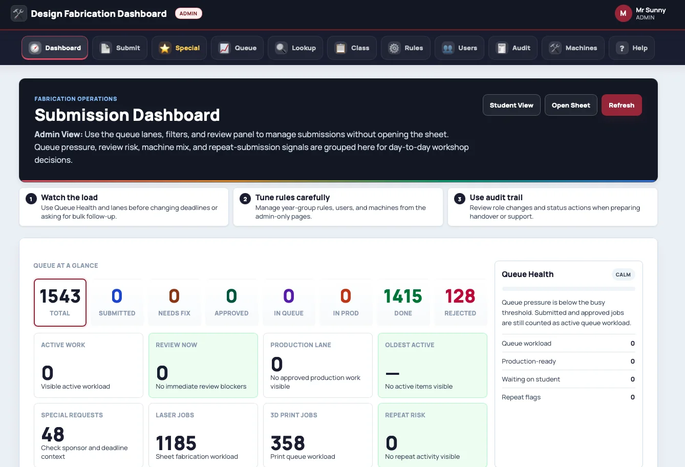 DT Fabrication Dashboard interface
